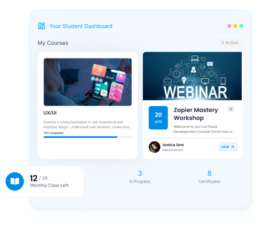Nrich student dashboard interface showing enrolled courses, webinar workshop details, class progress, certificates, and student activity.